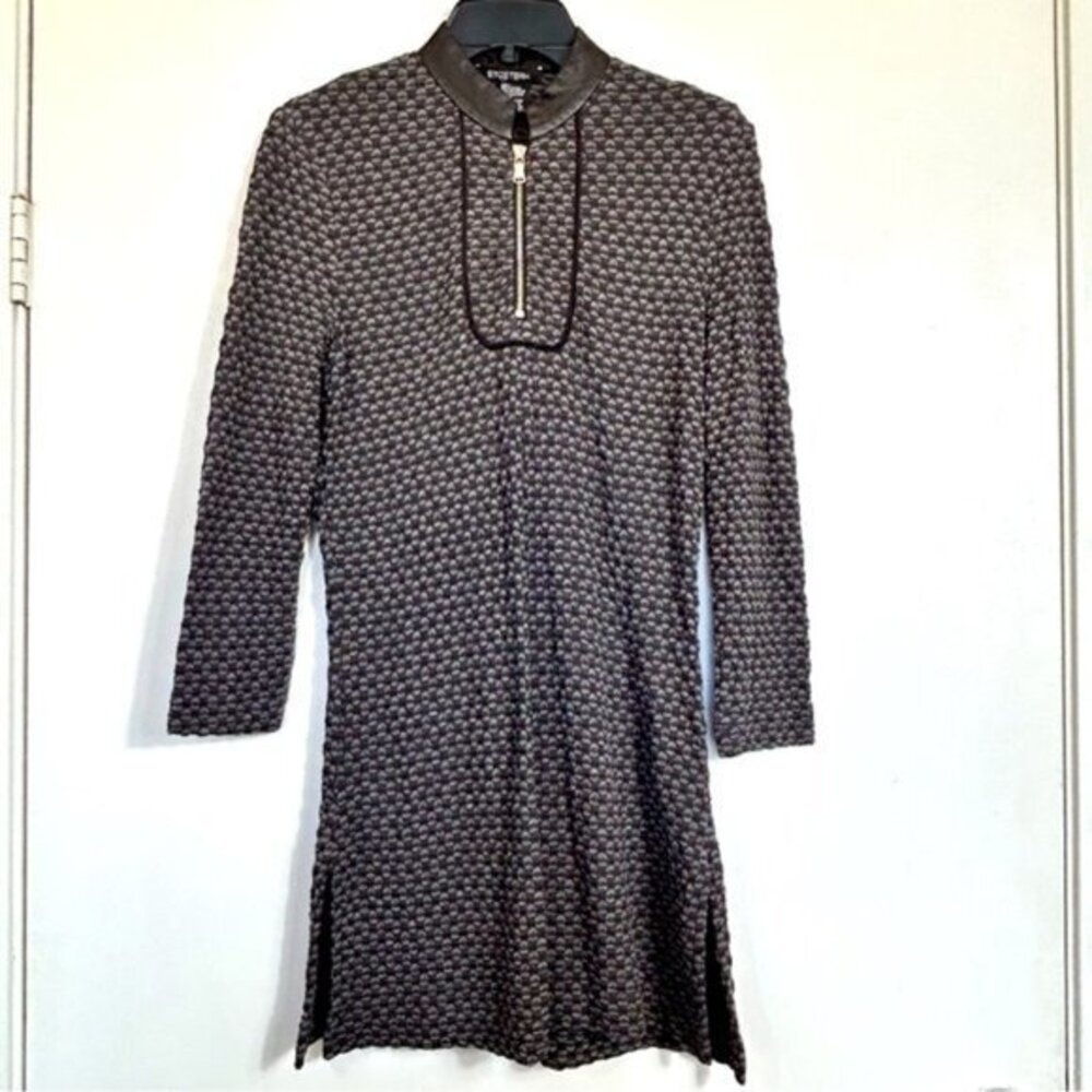 ETCETERA Print Knit Mini Dress With Black Leather Trim Mandarin Collar- Size Med
